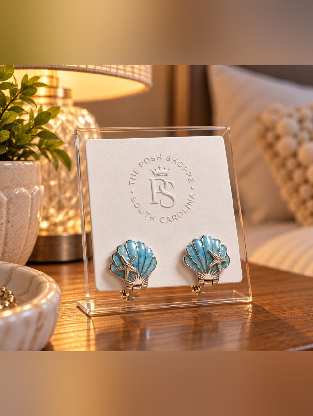 🐚 925 Sterling Silver Larimar Blue Scallop Shell Starfish Earrings